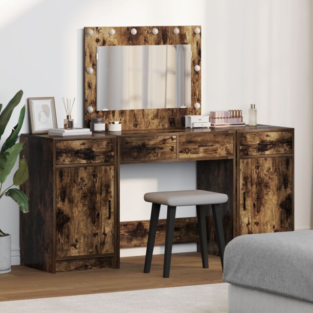 Berkfield Home 3-Piece Dressing Table Set with LED ‚Äì Smoked Oak Engineered Wood in Brown - image 1