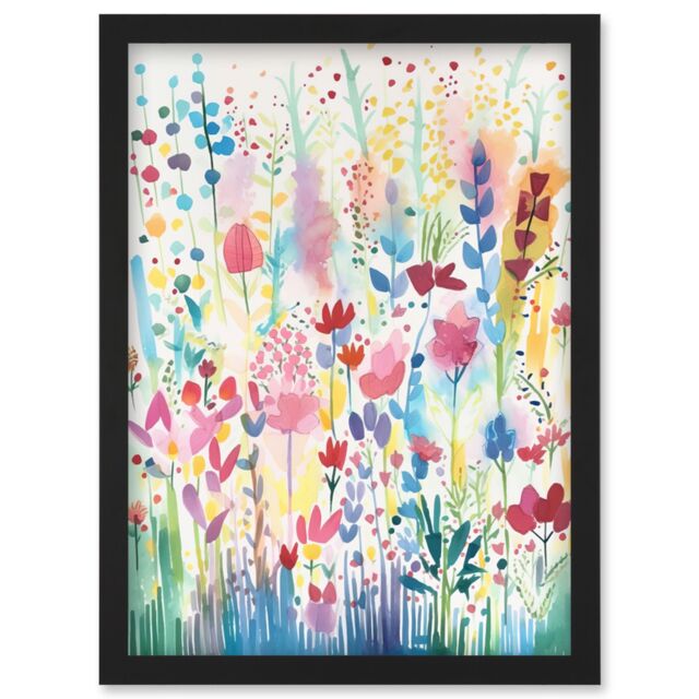 Artery8 Soft Pastel Wildflower Floral Folk Art Artwork Framed Wall Art Print A4 in Black - image 1