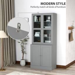 HOMCOM Modern Bookcase Display Storage Cabinet w/ Doors Adjustable Shelves in Grey - thumbnail 4