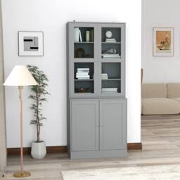 HOMCOM Modern Bookcase Display Storage Cabinet w/ Doors Adjustable Shelves in Grey - thumbnail 1
