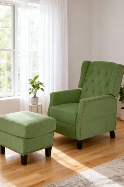 Living and Home Fabric Sofa Pushback Reclining Armchair with Footstool in Green - image 1