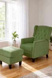 Living and Home Fabric Sofa Pushback Reclining Armchair with Footstool in Green - thumbnail 1