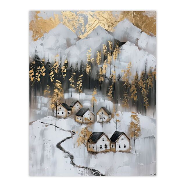 "Artery8 Scottish Highlands Houses Golden Winter Painting Wall Art Print in White - Size: W24"" x H32""" - image 1