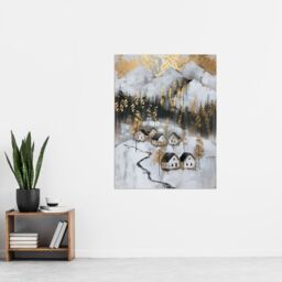 "Artery8 Scottish Highlands Houses Golden Winter Painting Wall Art Print in White - Size: W24"" x H32""" - thumbnail 4