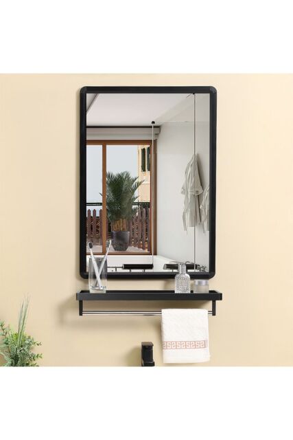Living and Home 40 cm W x 60 cm D Black Rectangular Bathroom Mirror with Shelf - image 1