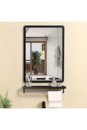Living and Home 40 cm W x 60 cm D Black Rectangular Bathroom Mirror with Shelf - thumbnail 1