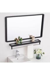 Living and Home 40 cm W x 60 cm D Black Rectangular Bathroom Mirror with Shelf - thumbnail 2
