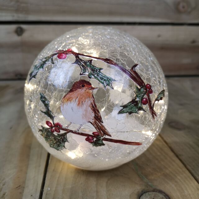 Samuel Alexander Festive 15cm Battery Operated Indoor Christmas LED Lit Crackle Effect Robin Ball in White - image 1
