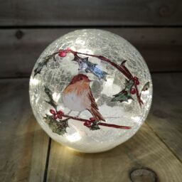 Samuel Alexander Festive 15cm Battery Operated Indoor Christmas LED Lit Crackle Effect Robin Ball in White - thumbnail 2