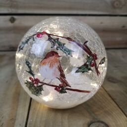 Samuel Alexander Festive 15cm Battery Operated Indoor Christmas LED Lit Crackle Effect Robin Ball in White - thumbnail 1