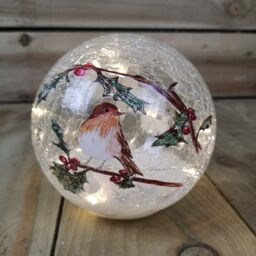 Samuel Alexander Festive 15cm Battery Operated Indoor Christmas LED Lit Crackle Effect Robin Ball in White - thumbnail 6