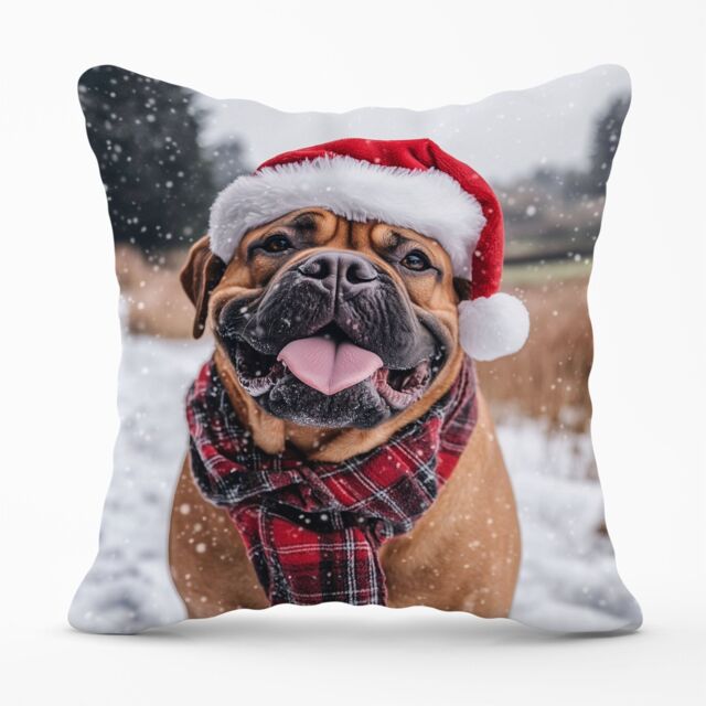 Warren Reed - Designer Snowy Christmas Bullmastiff Cushion in Brown - Size: 60 cm x 60 cm - image 1
