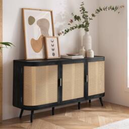 Birlea 3 Door Rattan Sideboard Curved Cupboard Sark Storage Cabinet in Black