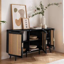 Birlea 3 Door Rattan Sideboard Curved Cupboard Sark Storage Cabinet in Black - thumbnail 2