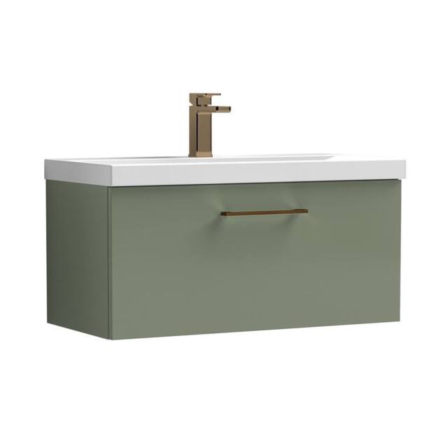 Balterley 800mm Wall Hung 1 Drawer Vanity Basin Unit, Satin Green, Bronze Handle in Green - image 1