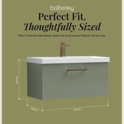 Balterley 800mm Wall Hung 1 Drawer Vanity Basin Unit, Satin Green, Bronze Handle in Green - thumbnail 5