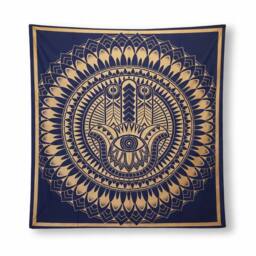 KDMD Double Cotton Bedspread & Wall Hanging - Hamsa Blue Gold Art - thumbnail 4