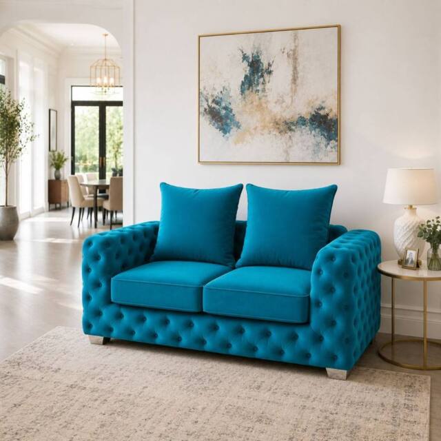 Stratus Interiors Ashley Chesterfield Scatter Back Upholstered Velvet Sofa - 2 Seater in Teal - image 1