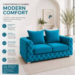 Stratus Interiors Ashley Chesterfield Scatter Back Upholstered Velvet Sofa - 2 Seater in Teal - thumbnail 5