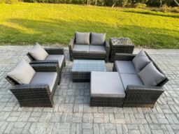 Fimous Garden Furniture Sets 7 Pieces Outdoor Rattan Furniture Manual Wicker Patio Sofa Chair Set with Coffee Table Big Footstool in Dark Grey - thumbnail 1
