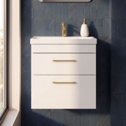 Balterley 2 Drawer Wall Hung Vanity Basin Unit Brushed Brass Handles 500mm in White - thumbnail 8