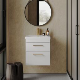 Balterley 2 Drawer Wall Hung Vanity Basin Unit Brushed Brass Handles 500mm in White - thumbnail 2