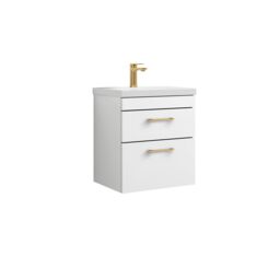 Balterley 2 Drawer Wall Hung Vanity Basin Unit Brushed Brass Handles 500mm in White