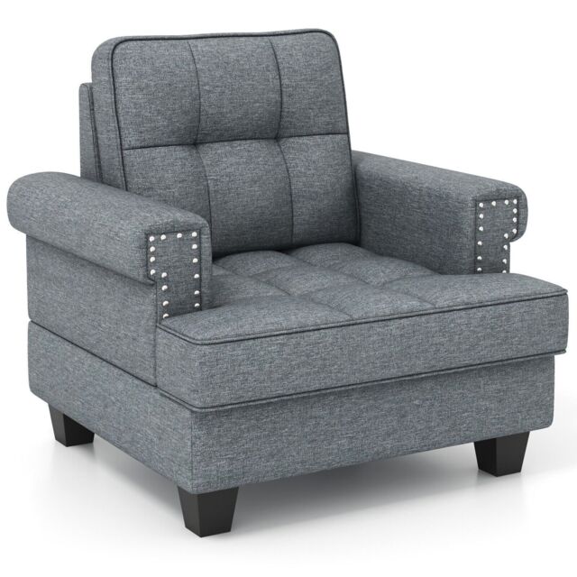 Costway Modern Accent Armchair Tufted Upholstered Linen Club Chair with Extra Pillow in Grey - image 1