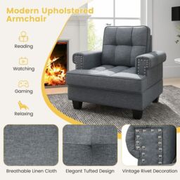 Costway Modern Accent Armchair Tufted Upholstered Linen Club Chair with Extra Pillow in Grey - thumbnail 6