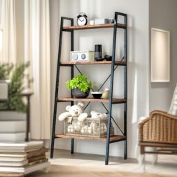 Pirlo Plush 4 Tier Free Standing Ladder Shelf For Living Room Storage Rustic Brown - thumbnail 2