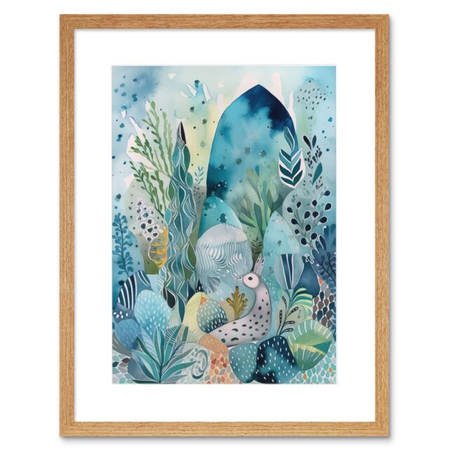 "Artery8 Wall Art Print Coastal Plants & Animals Folk Art Watercolour Painting Artwork Framed 9X7 Inch in Beige - Size: W7"" x H9""" - image 1