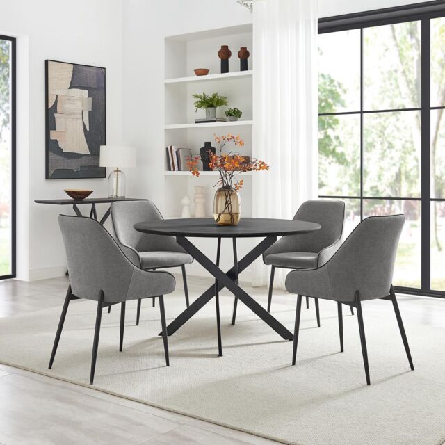 FurnitureboxUK Novara Black Top Dining Table & 6 Beaumont Fabric Chairs in Grey - image 1