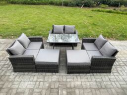 Fimous 8 Seater Garden Dining Set Wicker PE Rattan Outdoor Furniture Sofa with Rectangular Dining Table Double Seat Sofa 2 Big Footstool in Dark Grey - thumbnail 1