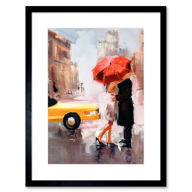 "Artery8 Wall Art Print People Kissing Umbrella City Art Framed 9x7 inch in Black - Size: W7"" x H9""" - image 1