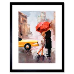 "Artery8 Wall Art Print People Kissing Umbrella City Art Framed 9x7 inch in Black - Size: W7"" x H9""" - thumbnail 1