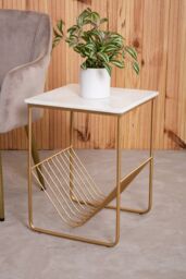 Orsina White Marble Rack Side Table, End Table with Gold Finish Metal Frame, Bedside Marbe Table with Storage - thumbnail 2