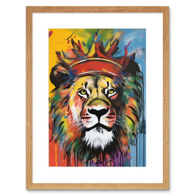 "Artery8 Wall Art Print King of the Jungle Lion with Crown Modern Pop Artwork Framed 9X7 Inch in Beige - Size: W7"" x H9""" - image 1