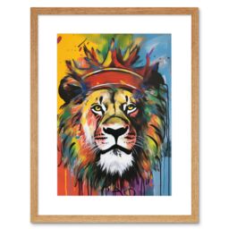 "Artery8 Wall Art Print King of the Jungle Lion with Crown Modern Pop Artwork Framed 9X7 Inch in Beige - Size: W7"" x H9""" - thumbnail 1
