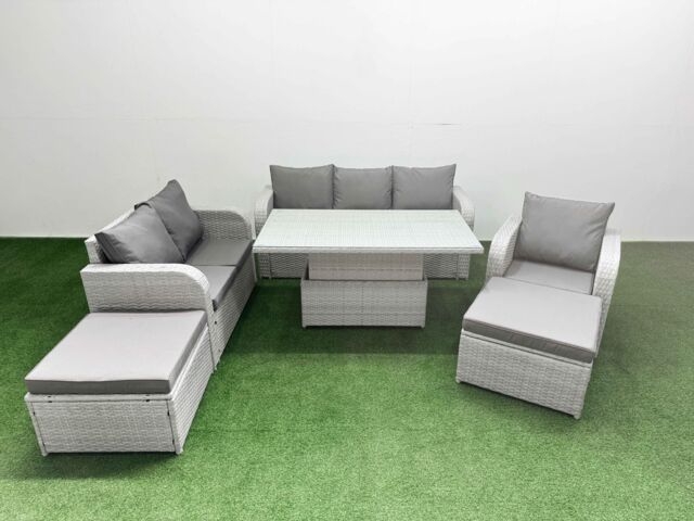 Fimous Patio PE Wicker 8 Seater Outdoor Rattan Furniture Sofa Sets w/ Adjustable Lifting Dining or Coffee Table Reclining Chair Loveseat Sofa 3 - image 1
