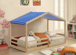 Comfy Living Ltd 3ft Wooden House Bed With Blue Tent in Natural - Size: Single - thumbnail 1