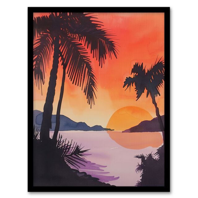 Artery8 Hawaii Sunset Beach Cove Palm Trees Watercolour Framed Art Print in Orange - Size: A4 - image 1