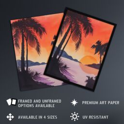 Artery8 Hawaii Sunset Beach Cove Palm Trees Watercolour Framed Art Print in Orange - Size: A4 - thumbnail 2