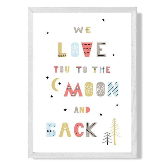 ARTZE Cute Love you to the Moon Scandi Quote Framed Print SIZE: A4 with White Frame in Pale Blue - image 1