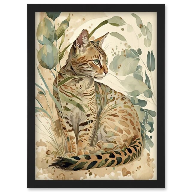 Artery8 Spotted Fur Coat Bengal Cat in Nature Pastel Watercolour Illustration Artwork Framed Wall Art Print A4 in Black - image 1