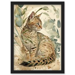 Artery8 Spotted Fur Coat Bengal Cat in Nature Pastel Watercolour Illustration Artwork Framed Wall Art Print A4 in Black - thumbnail 1