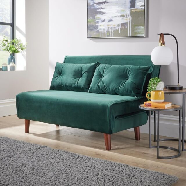 Home Source Double Sofa Bed Folding Chair Velvet Wooden Legs Two Pillow Home in Bottle Green - image 1
