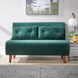 Home Source Double Sofa Bed Folding Chair Velvet Wooden Legs Two Pillow Home in Bottle Green - thumbnail 9
