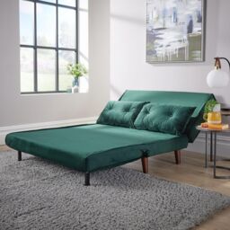 Home Source Double Sofa Bed Folding Chair Velvet Wooden Legs Two Pillow Home in Bottle Green - thumbnail 2
