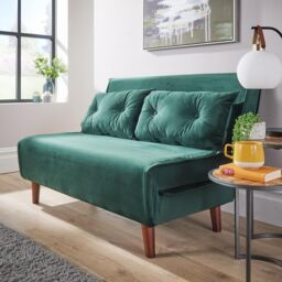 Home Source Double Sofa Bed Folding Chair Velvet Wooden Legs Two Pillow Home in Bottle Green - thumbnail 8
