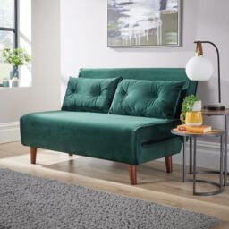 Home Source Double Sofa Bed Folding Chair Velvet Wooden Legs Two Pillow Home in Bottle Green - thumbnail 1
